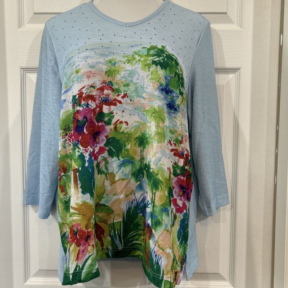 Cathy Daniels XL Blue Scenic Floral Print Fine Knit V Neck Sweater Rhinestone